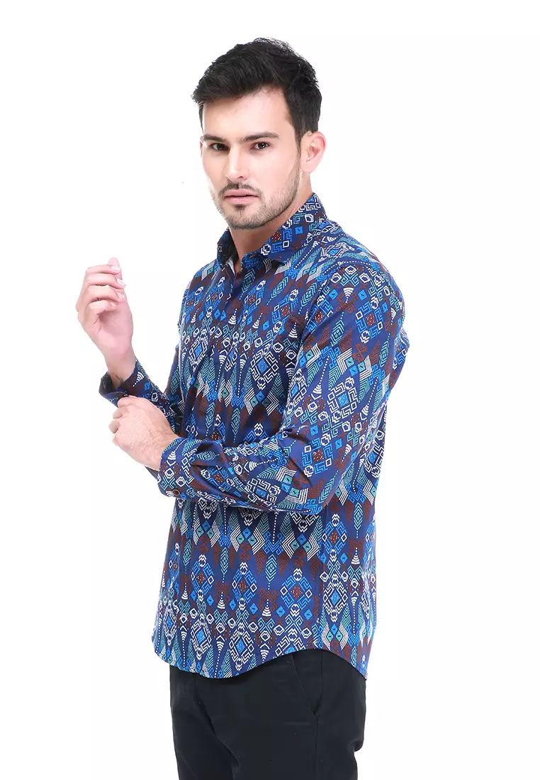 Dwan Kemeja Batik Pria Atasan Formal Longsleeve Shirt Material Cotton ORIGINAL - Navy