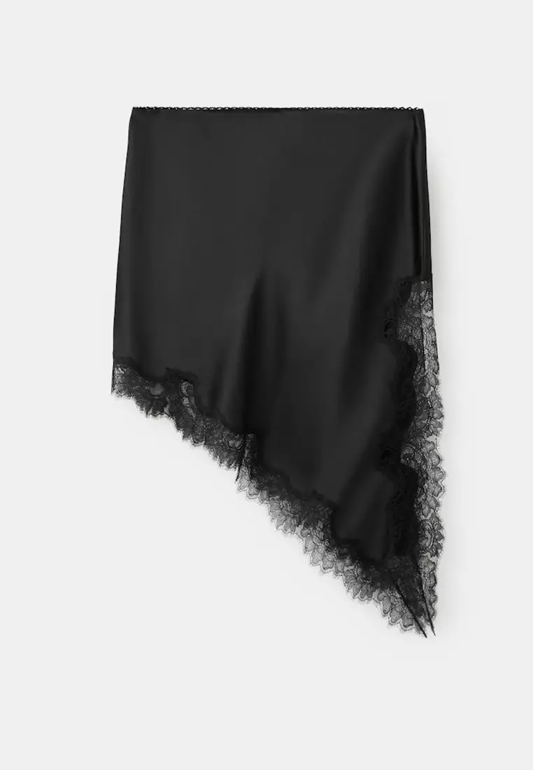 Satin Asymmetric Short Skirt With Lace