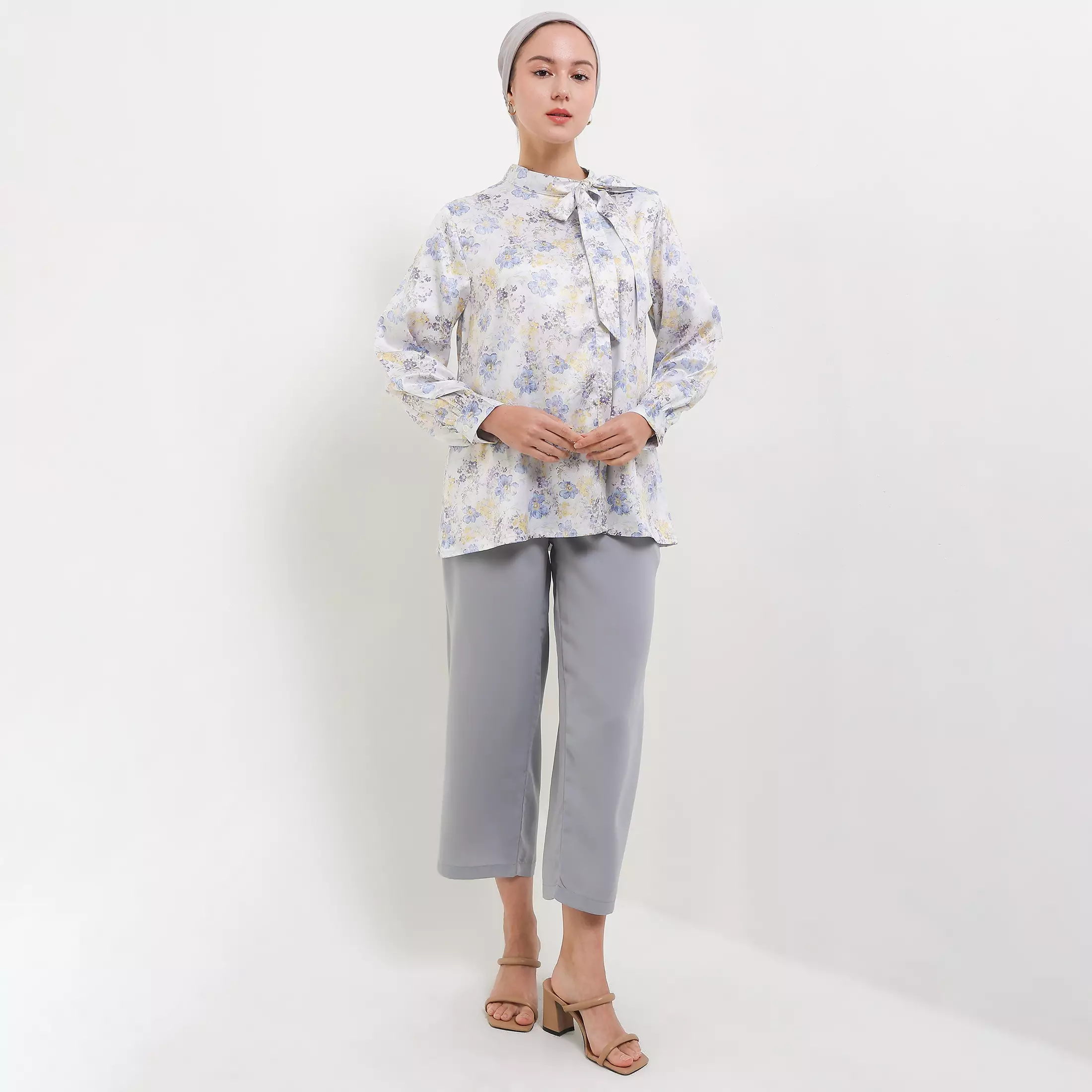 MFMW Aycel Atasan Blouse Satin Blue Motif Bunga