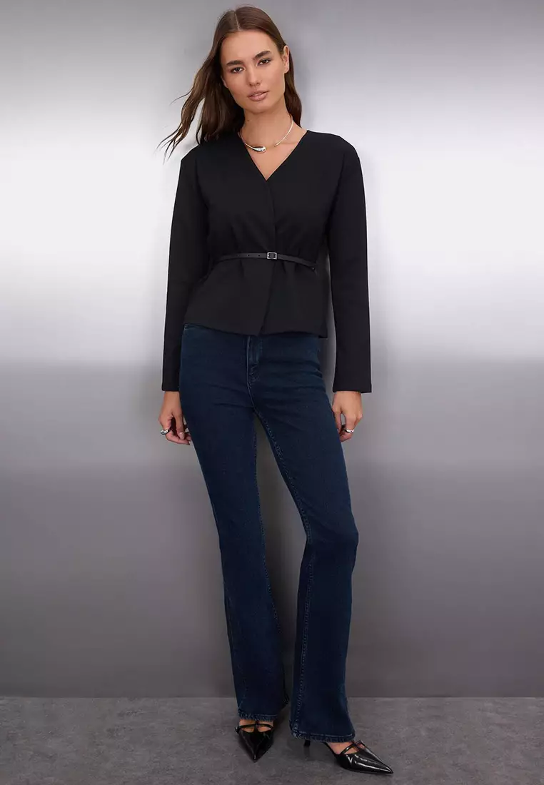 Black Belt Detailed Double Breasted V-Neck Flexible Knitted Blouse Twoaw26Bz00168