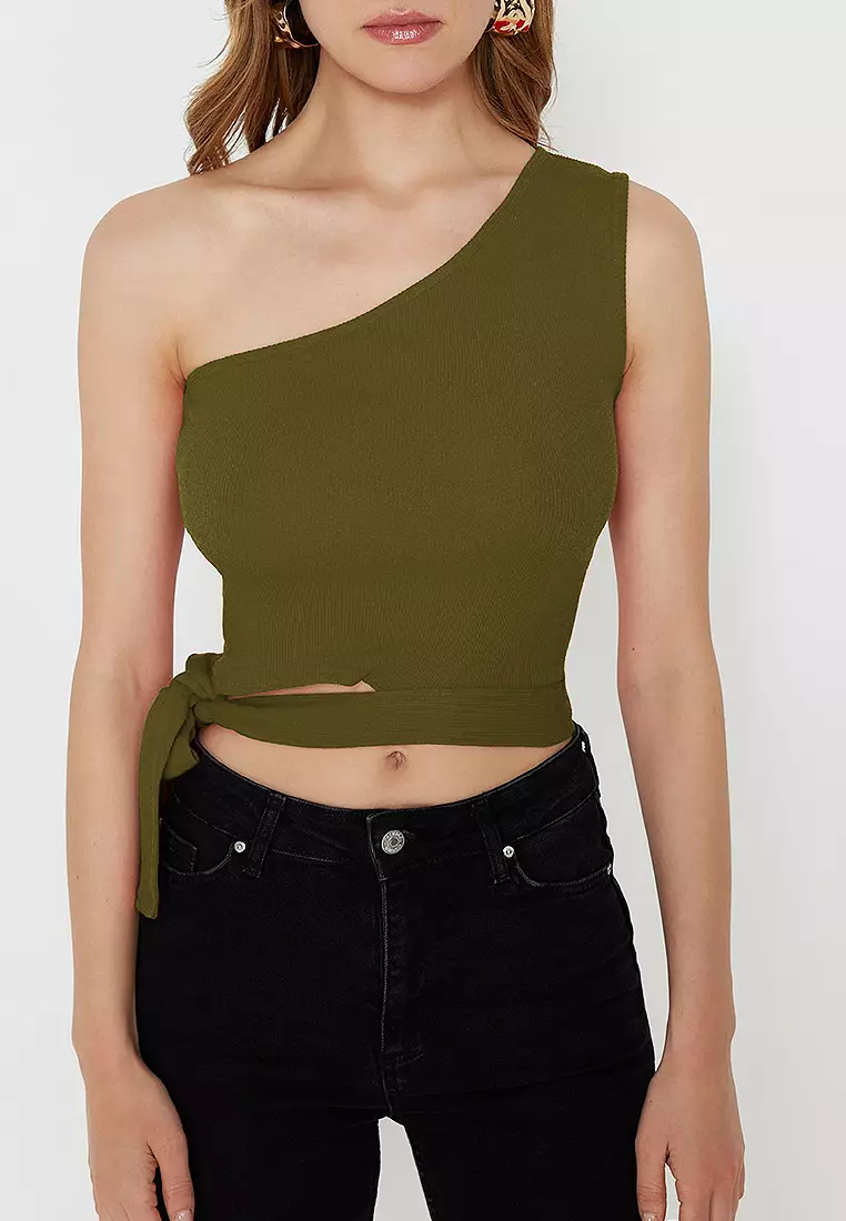 Oil Green One Shoulder Fitted Tie Detail Ribbed Knitted Blouse