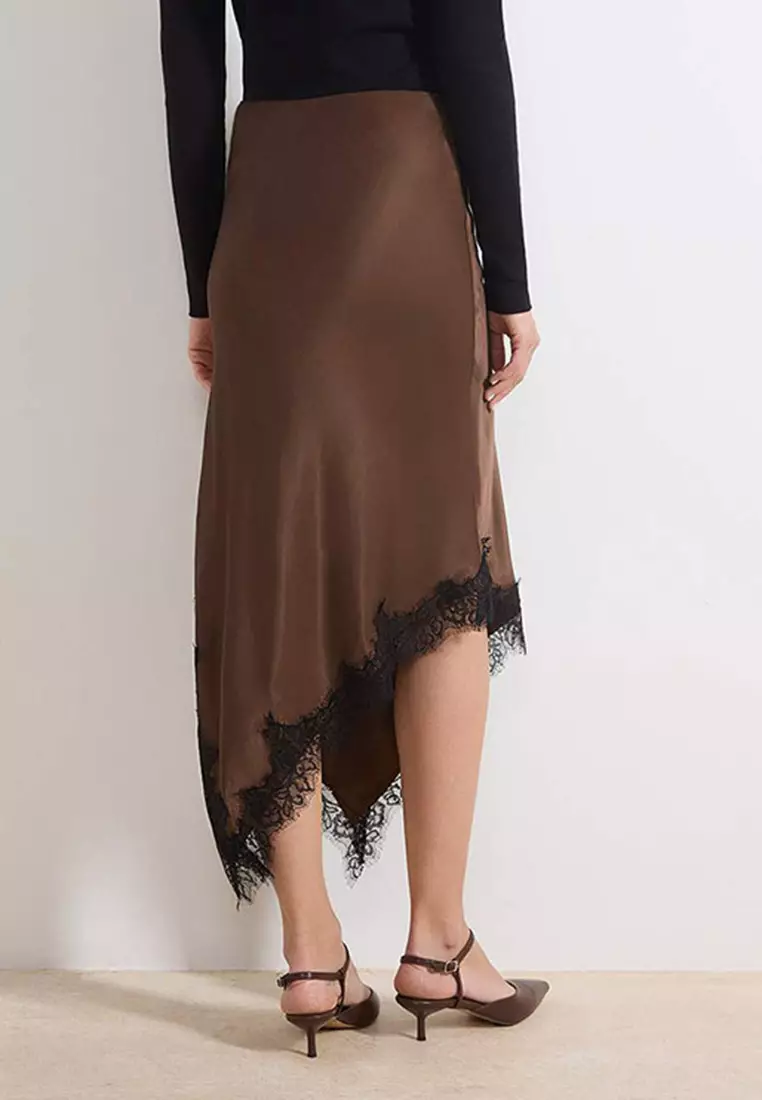 Dark Brown Asymmetric Cut Lace Detailed Woven Satin Midi Skirt Twoss26Et3