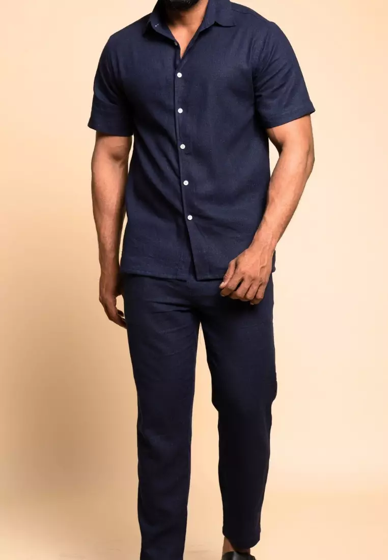 Durban Set Kemeja Celana Linen Pria Navy | Linen Set Men Navy