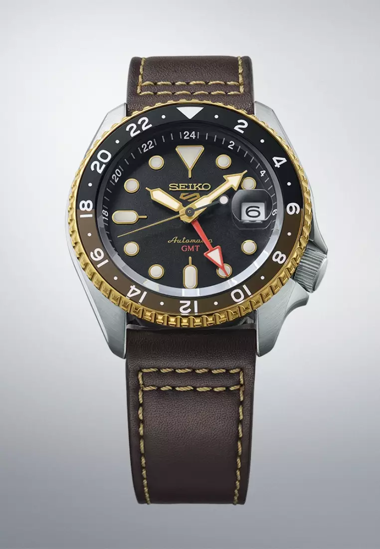 Seiko 5 Sports SKX GMT In Mocha Black Dial Dark Brown Calfskin Leather Band Automatic Watch SSK036K1