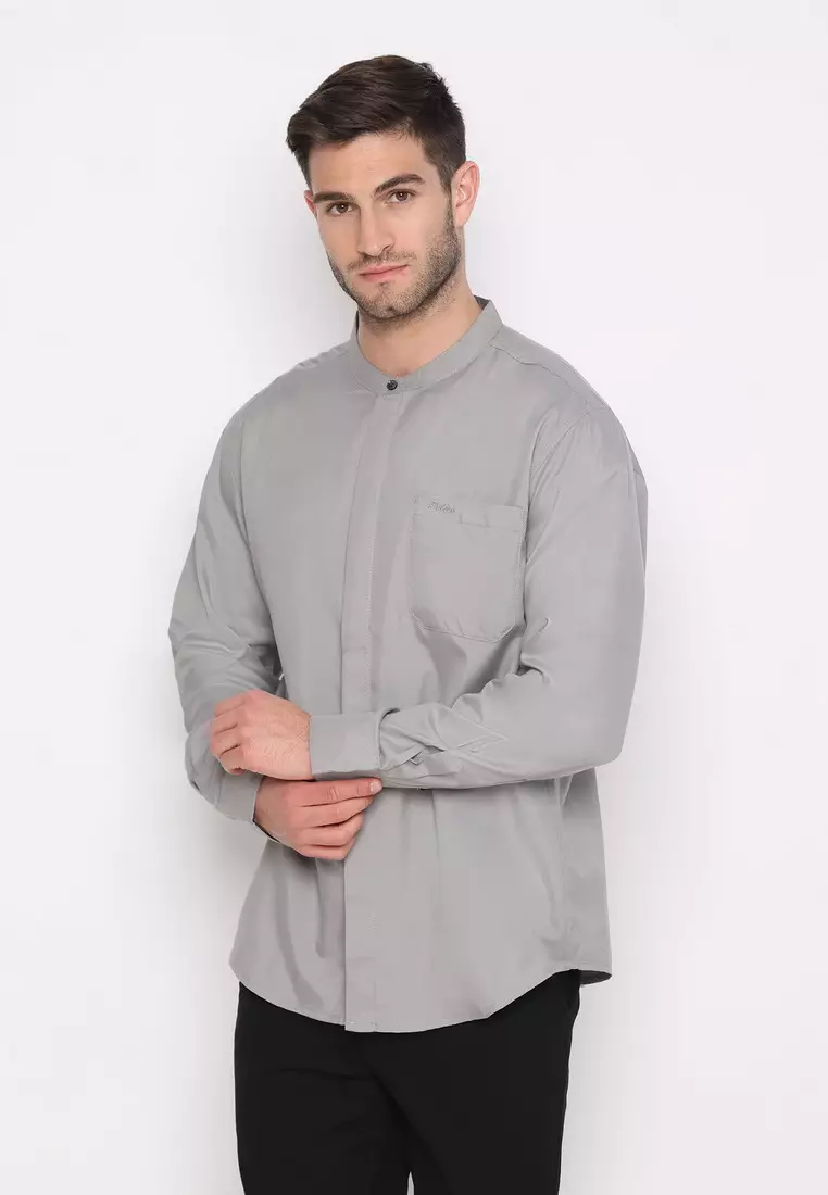 POLICE Kemeja Koko Polos Cotton Soft Grey Regular Fit Lengan Panjang Pria
