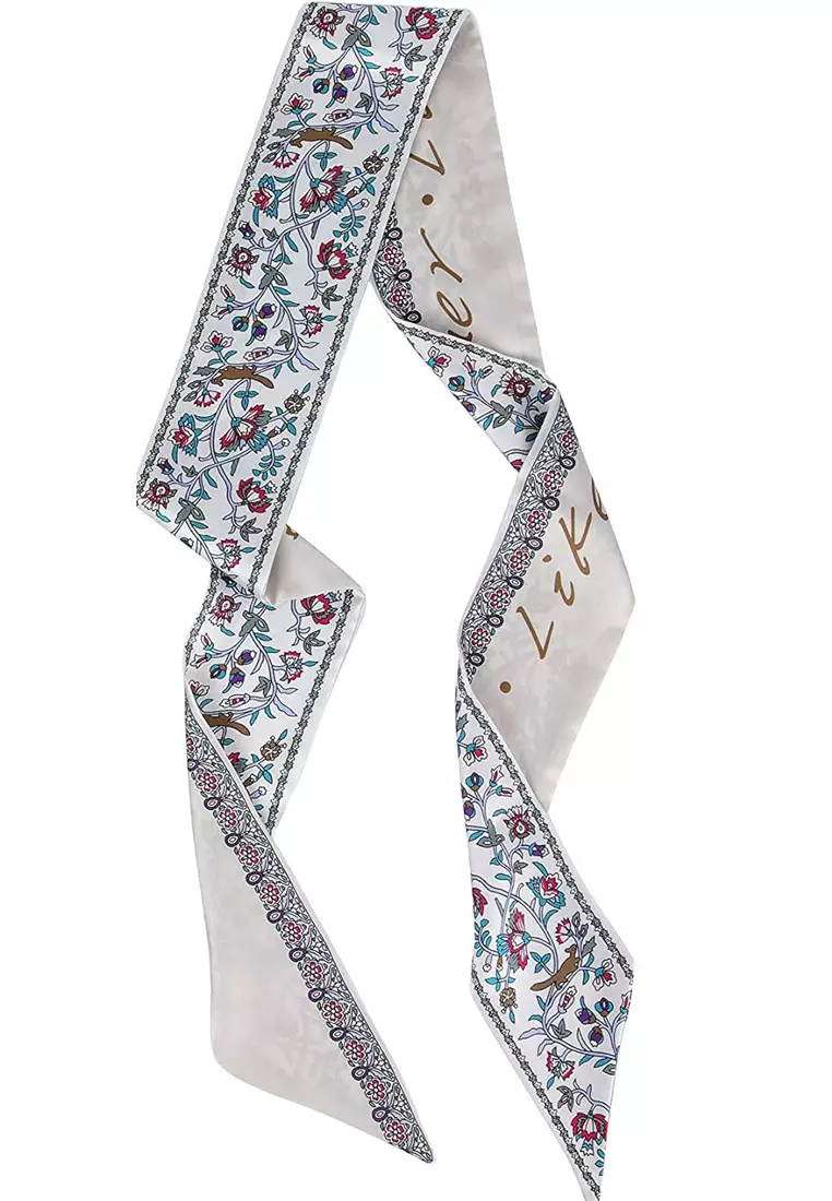 Aksesoris Wanita Double side Floral Twilly Skinny Multi purpose Scarf White & Multi 