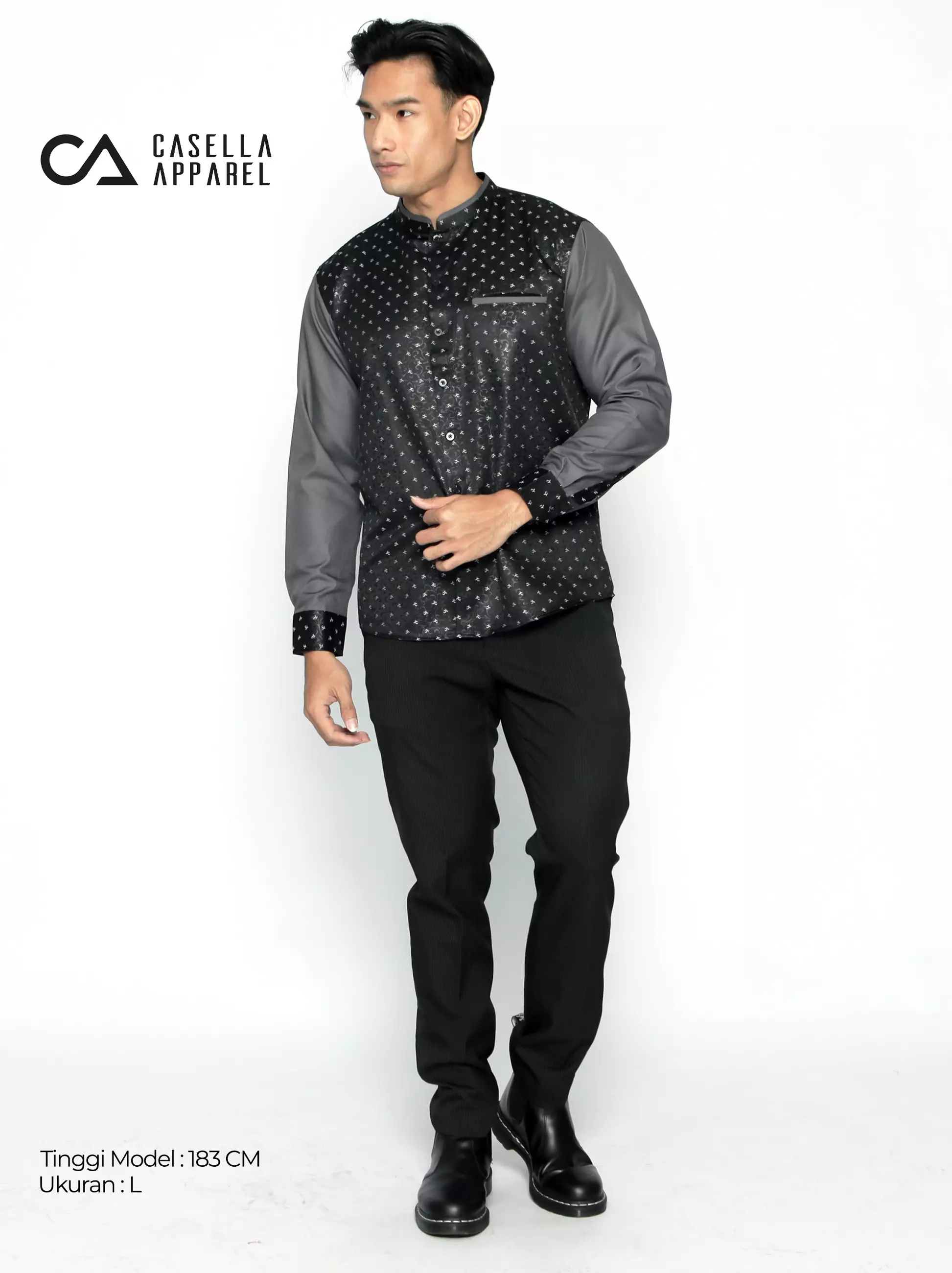 Casella Baju Koko Pria Lengan Panjang Kombinasi Batik Jeddah Design 9925 Black