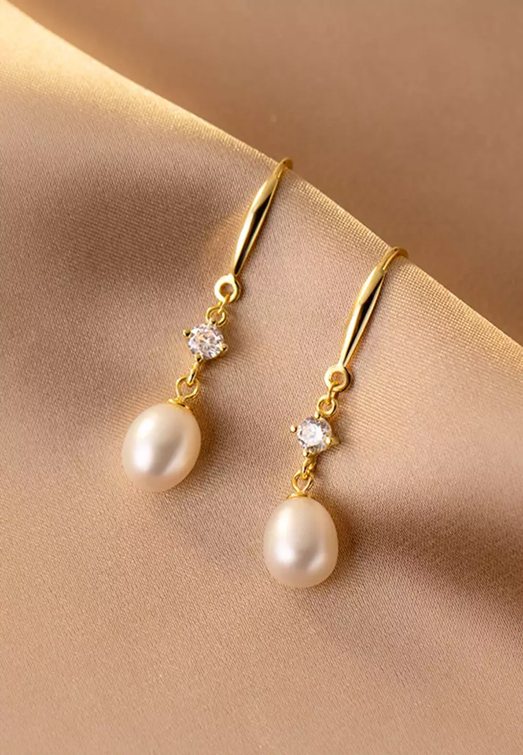 925 Silver Plated Gold Zircon Drop Freshwater Pearl Earrings JW AR-G9857