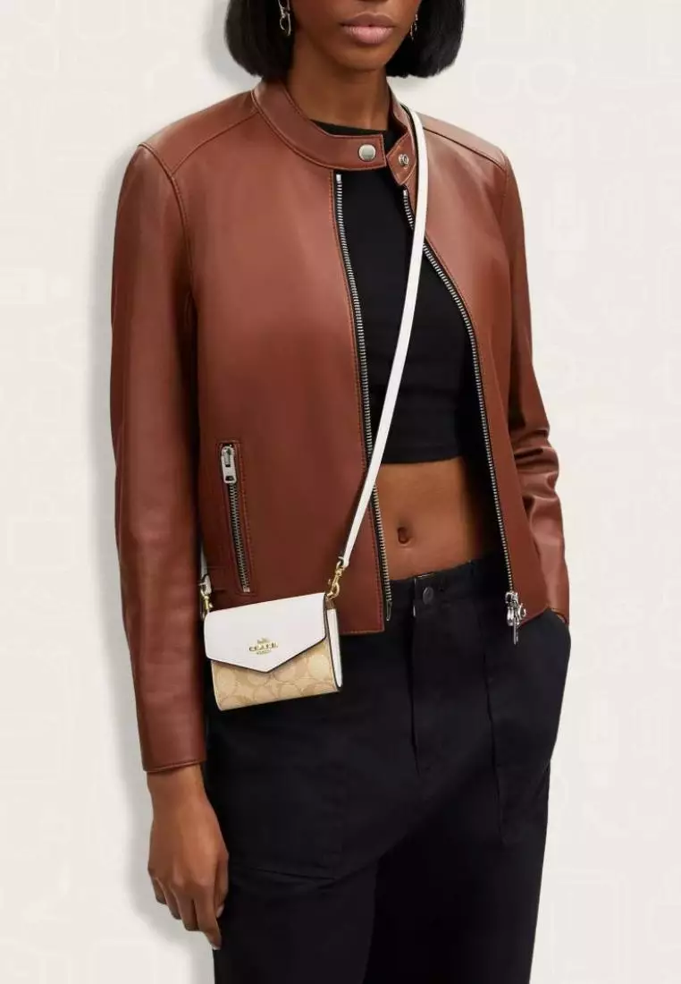 Coach Mini Envelope Wallet With Strap In Signature Canvas Light Khaki Chalk