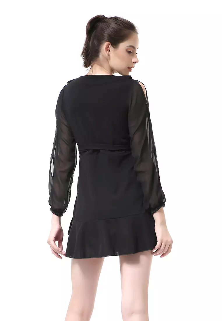 Rachel Sexy Dress Wanita Lengan Panjang Terbelah Model Tali Pinggang Stylish Material Polyester ORIGINAL - Black