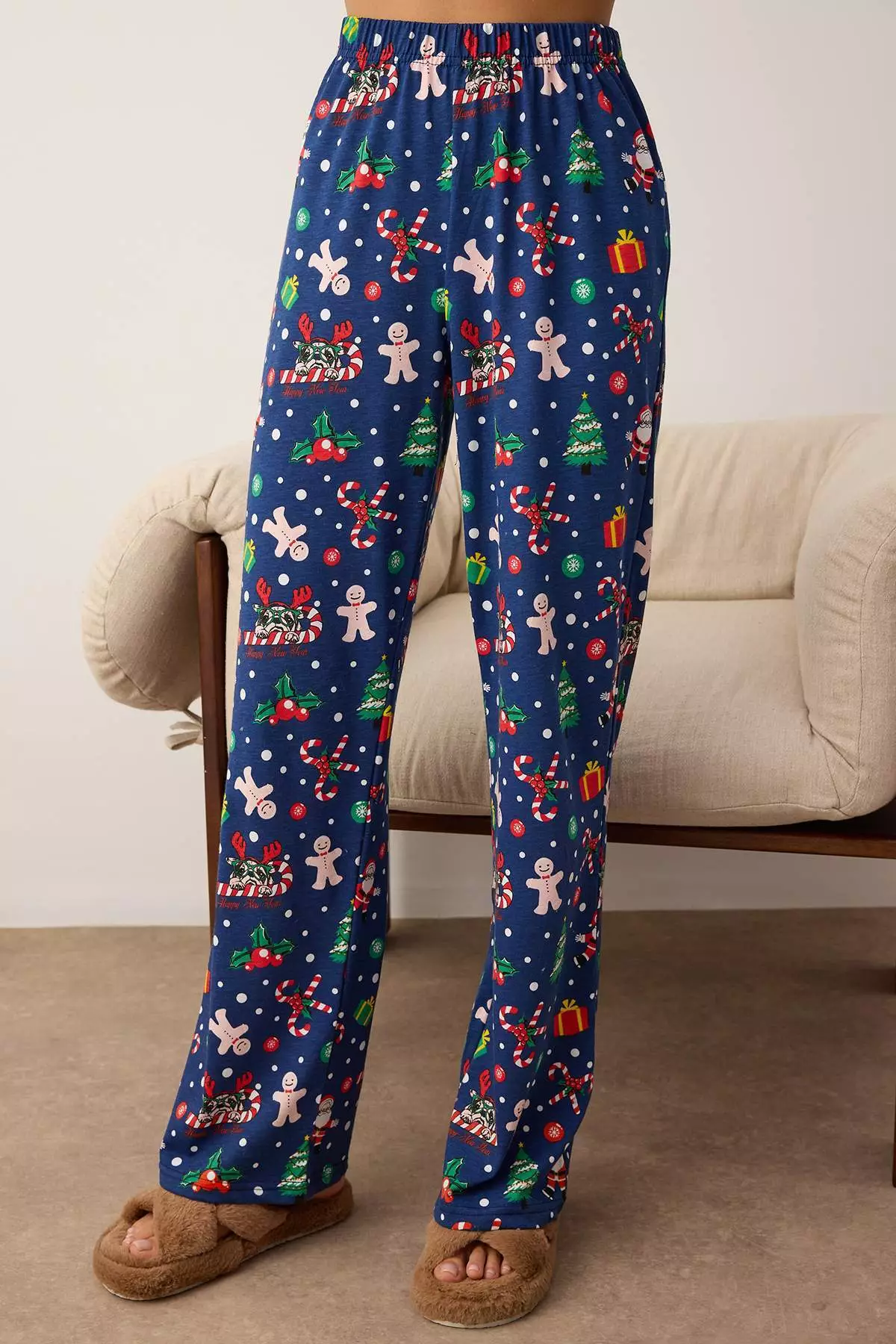 Navy Blue 100% Cotton Christmas Themed Knitted Pajama Set