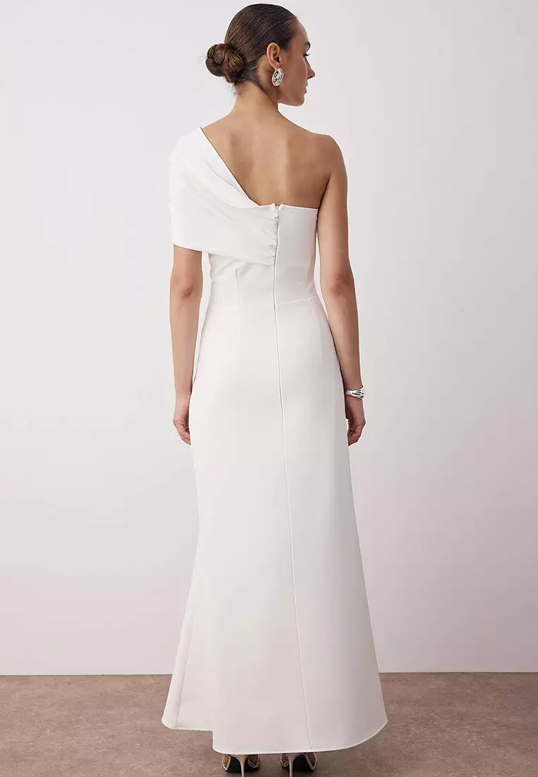 White Bodycon Asymmetrical Neck Woven Maxi Elegant Evening Prom Dress