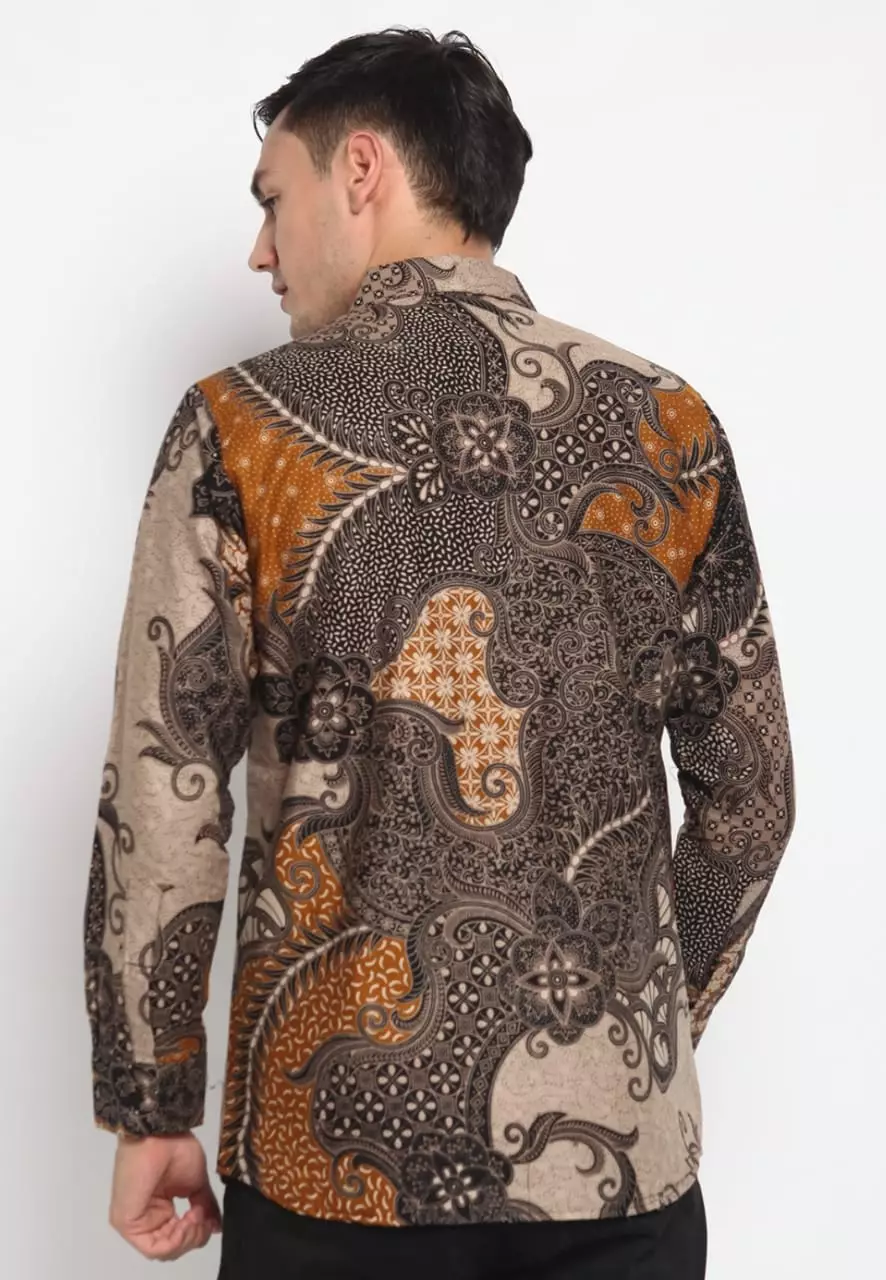 Kemeja Batik Pria Premium Slimfit Elegant Modern Lengan Panjang Trijata Oranye