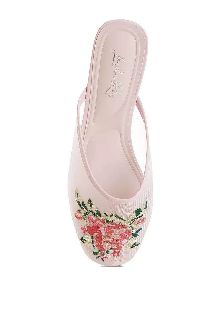 Floral Embroidered Mesh Mules in Pink