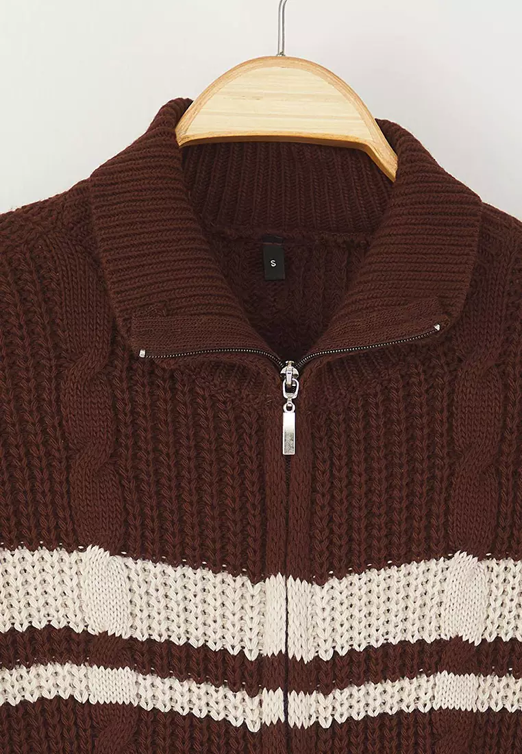 Brown Crop Block Stand Collar Knitwear Cardigan