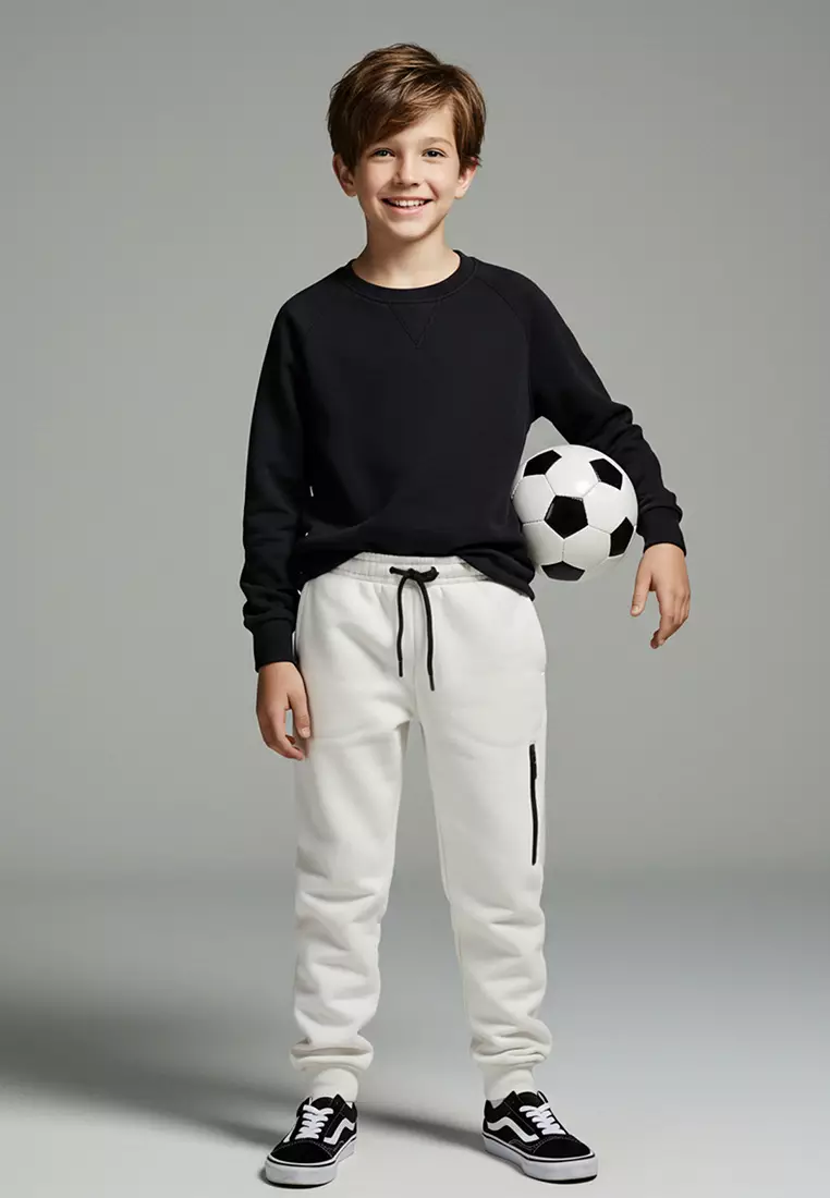 Ecru Plain Elastic Waist Boy's Knitted Tracksuit Bottoms
