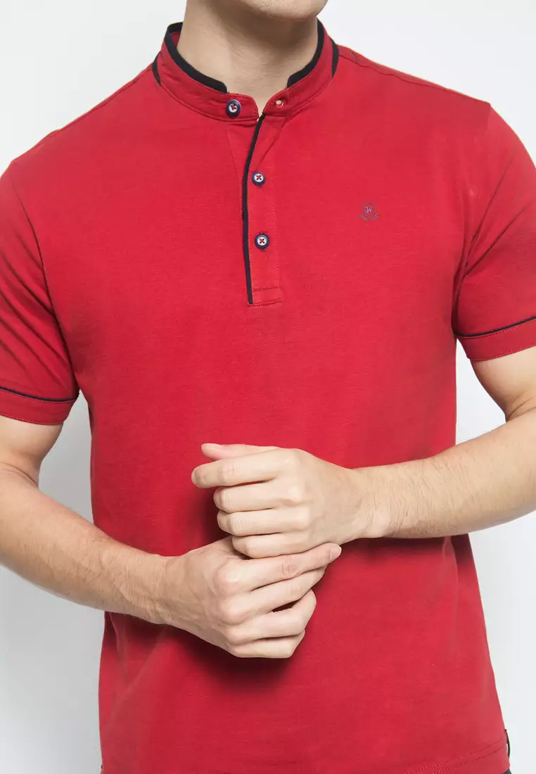 Johnwin - Slim Fit - Kaos Casual - Kaos Pria - Polo Round Neck - Merah