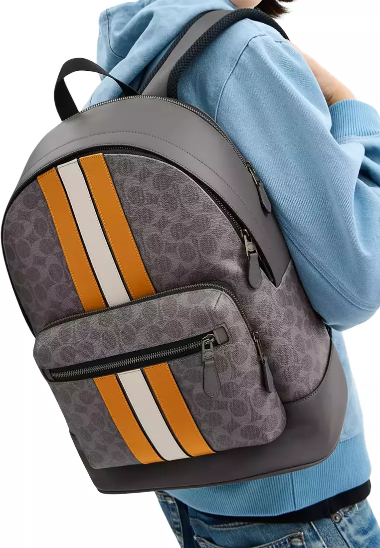 West Backpack Bag In Signature Canvas With Varsity Stripe - Grey/ Ochre/ Chalk CV922