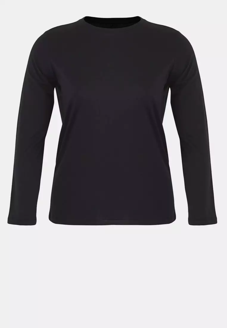 Black 100% Cotton Long Sleeve Crew Neck Regular Basic Knitted Plus Size T-Shirt Tbbaw26Bf00000