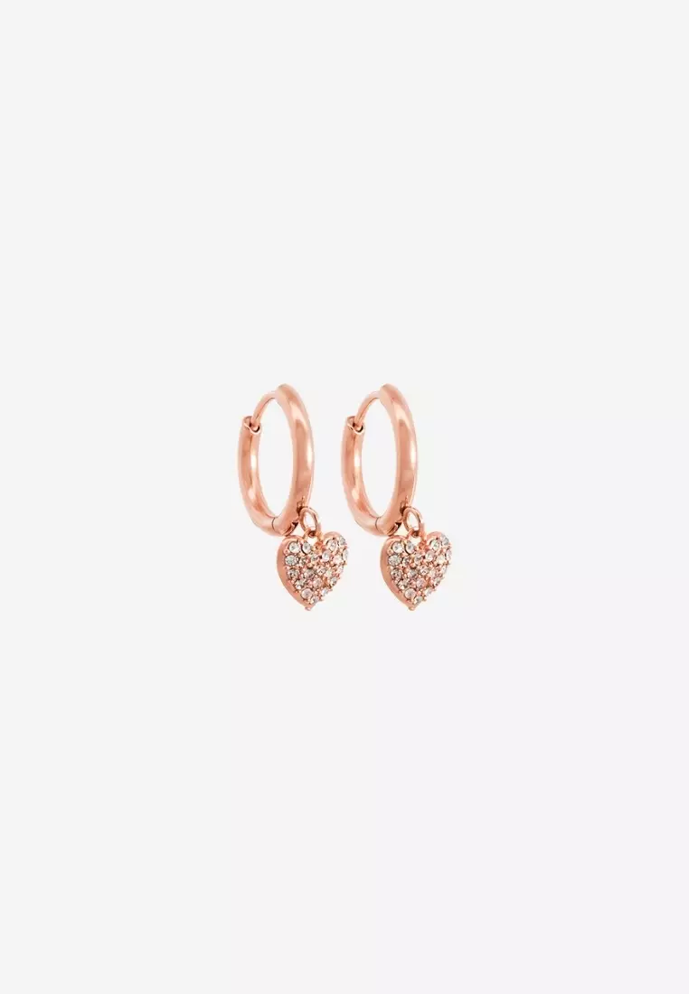 Lovia Heart Pavé Drop Hoop Earrings in Rose Gold