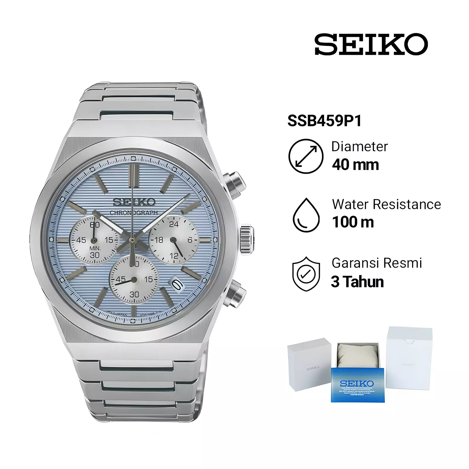 Seiko Chronograph - Jam Tangan Analog Pria - Silver Blue - Stainless Steel - SSB459P1