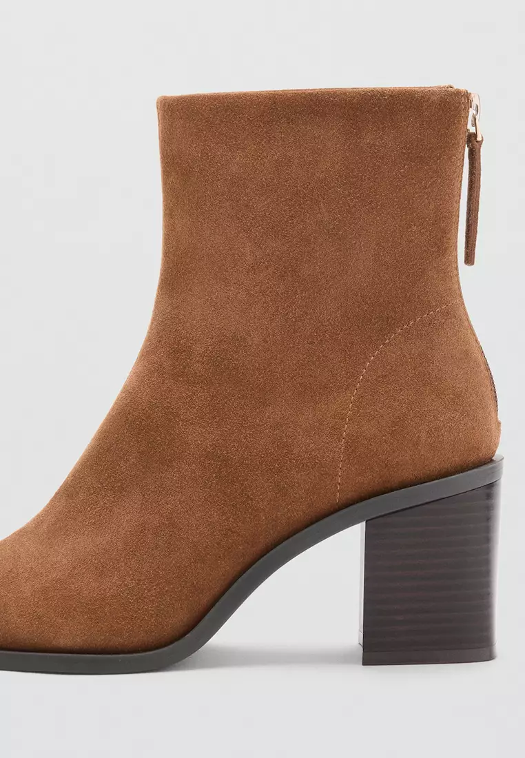 Suede Leather Ankle Boots With Block Heel