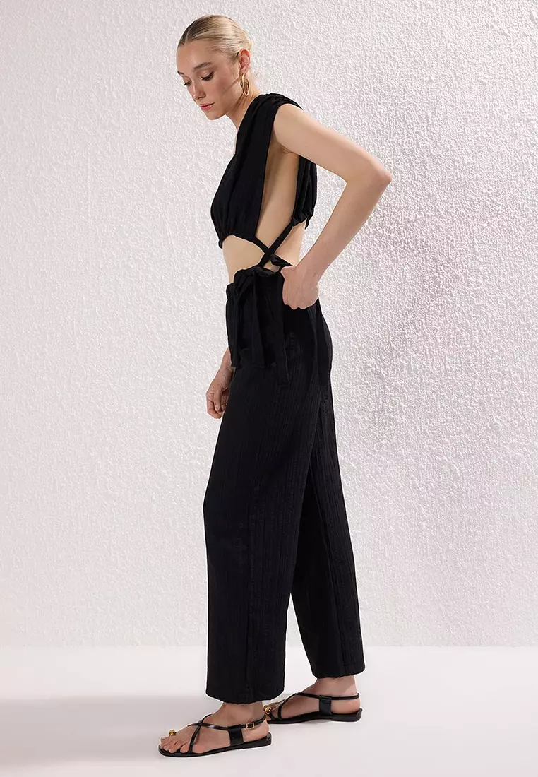 Black Woven Binding Detailed Deep V-Neck Beach Blouse Pants Suit Tbess25Au00088