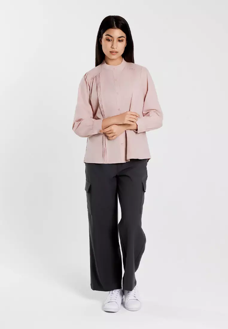 Forest Ladies Front Pleated Blouse Women Plain Long Sleeve Top - 822513-59Lotus Pink