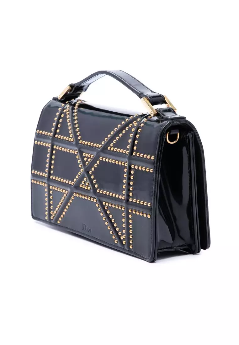 Pre-Loved Dior Studded Patent Diorama Top Handle Wallet On Chain