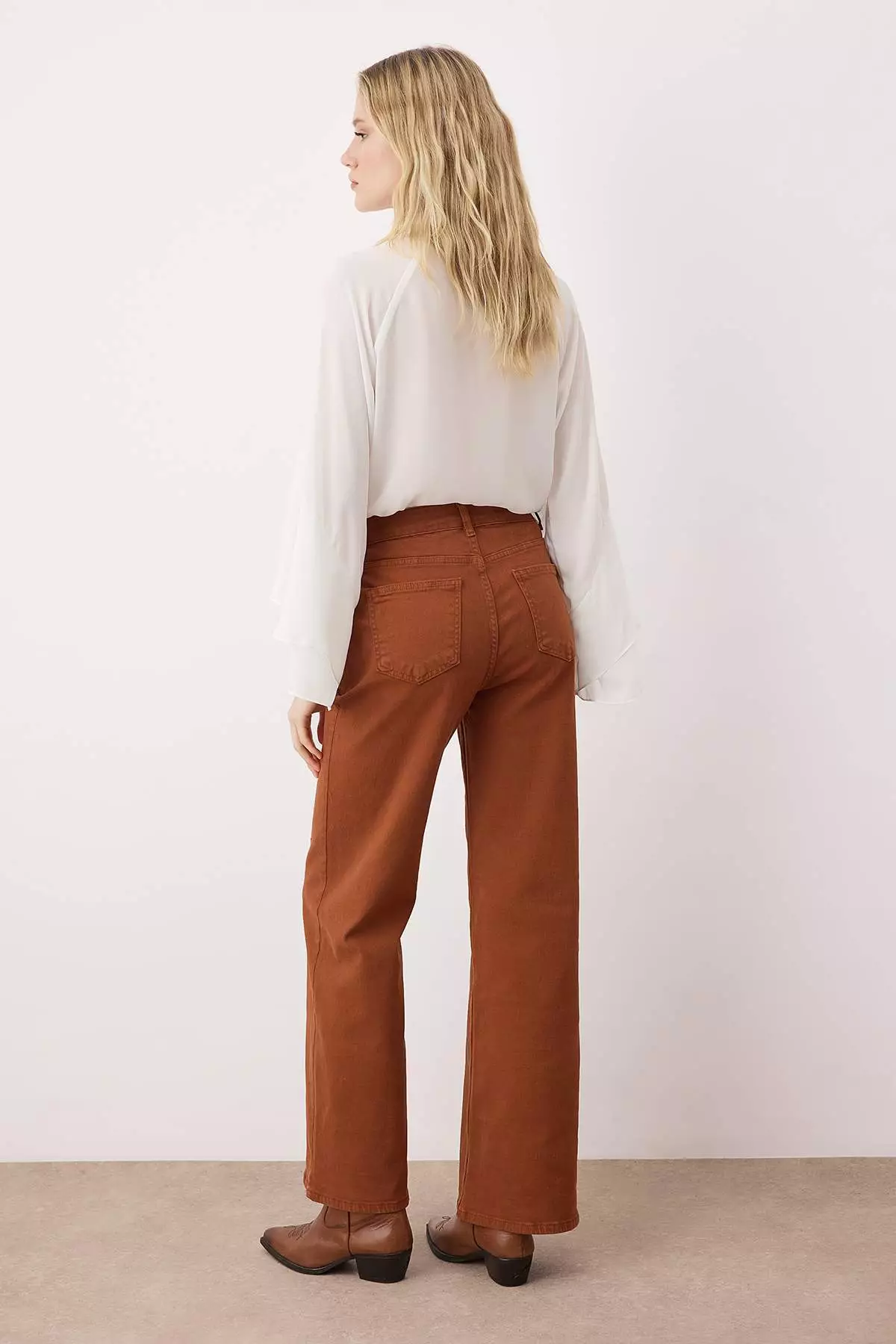 Brown Button Detailed High Waist Wide Leg Comfort Stretch Jeans