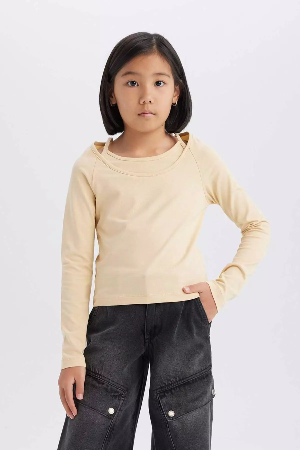 Girls Slim Fit Slim Fit Lapel Printed Ribbed Camisole Long Sleeve T-Shirt D9237A825Sp