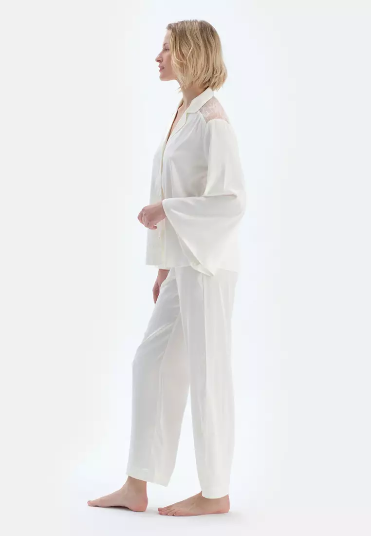 Off White Shirt, Shirt Collar, Regular, Long Sleeve Sleepwear for Women