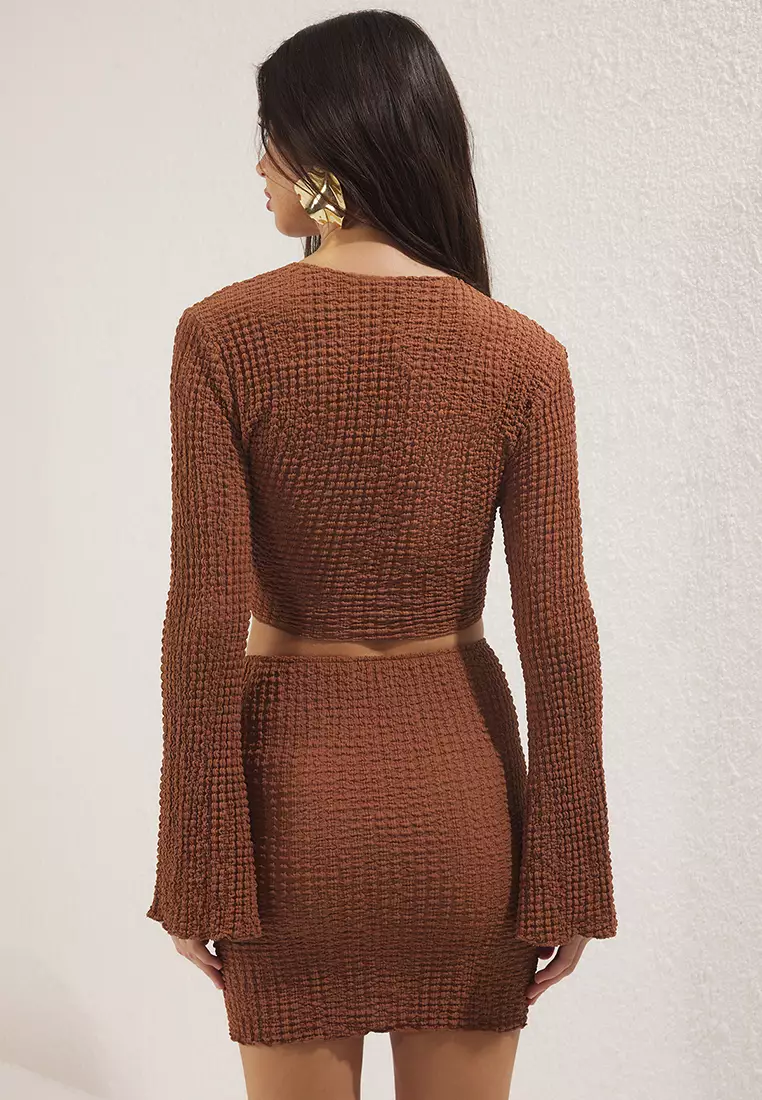 Light Brown Woven Textured Blouse Skirt Set TBESS24AU00035