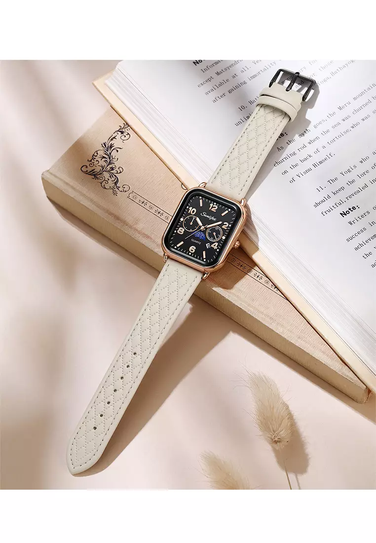 Jam Tangan Wanita Korean Kasual Mode Tali Kulit Kuarsa Jam Tangan Cewek Original whiteblack