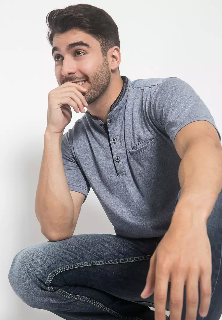 LGS - Regular Fit - Kaos Casual - Motif Polos - Lengan Pendek Kerah Koko Abu