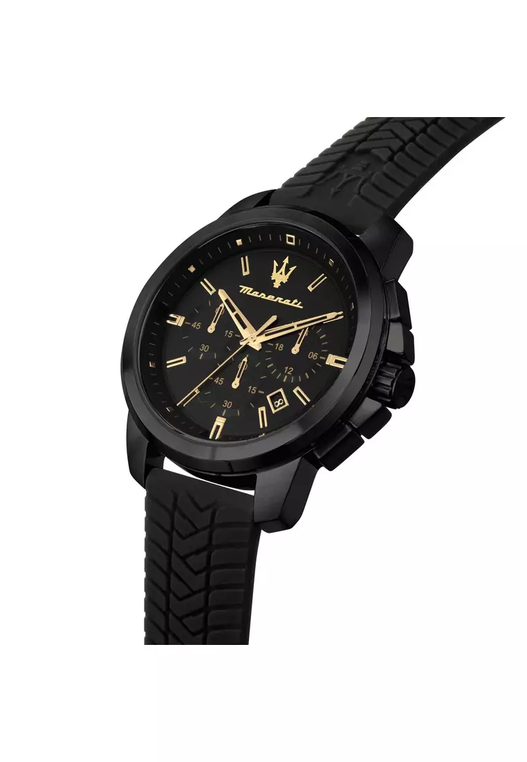 【2 Years Warranty】Maserati Successo 44mm Black Silicon Strap Men's Chronograph Quartz Watch R8871621011