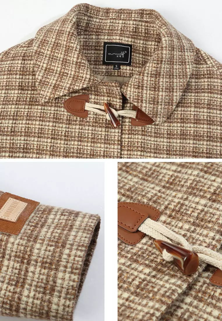 Vintage Horn Button Check Thick Woolen Coat