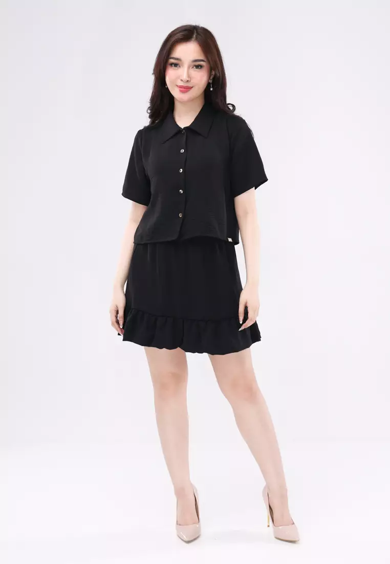 Linen Wrinkles Short Sleeves Blouse/Skirt