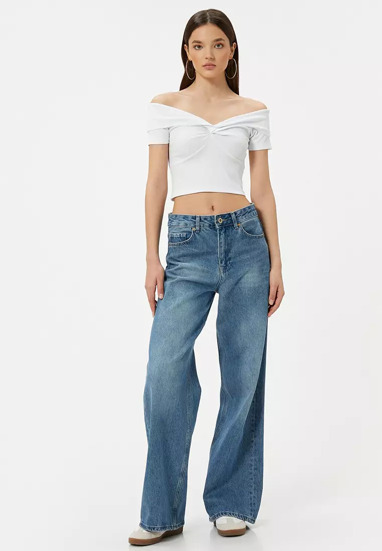 Crop Off The Shoulder Madonna Collar T-Shirt Ribbed Short Sleeve Knot Detail