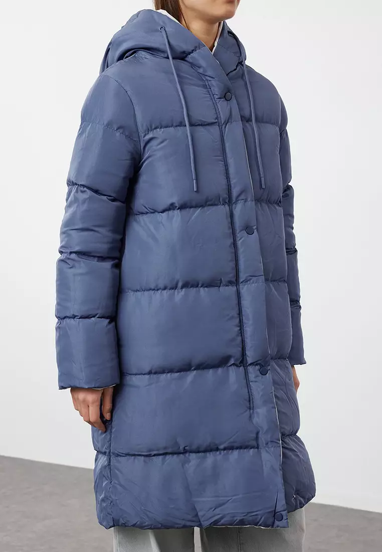 Grey-Blue Reversible Hooded Water Repellent Long Puffer Jacket TWOAW23MO00052