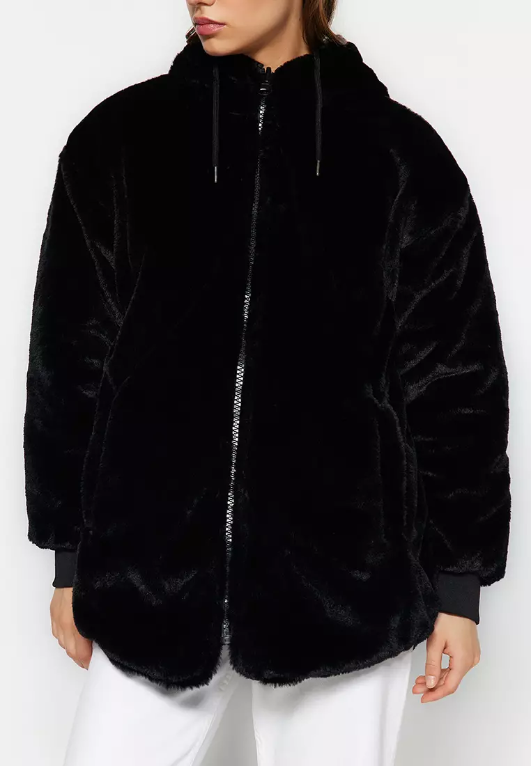 Black Double-Sided Wearable Hooded Plush Quilted Puffer Jacket TWOAW24MO00018