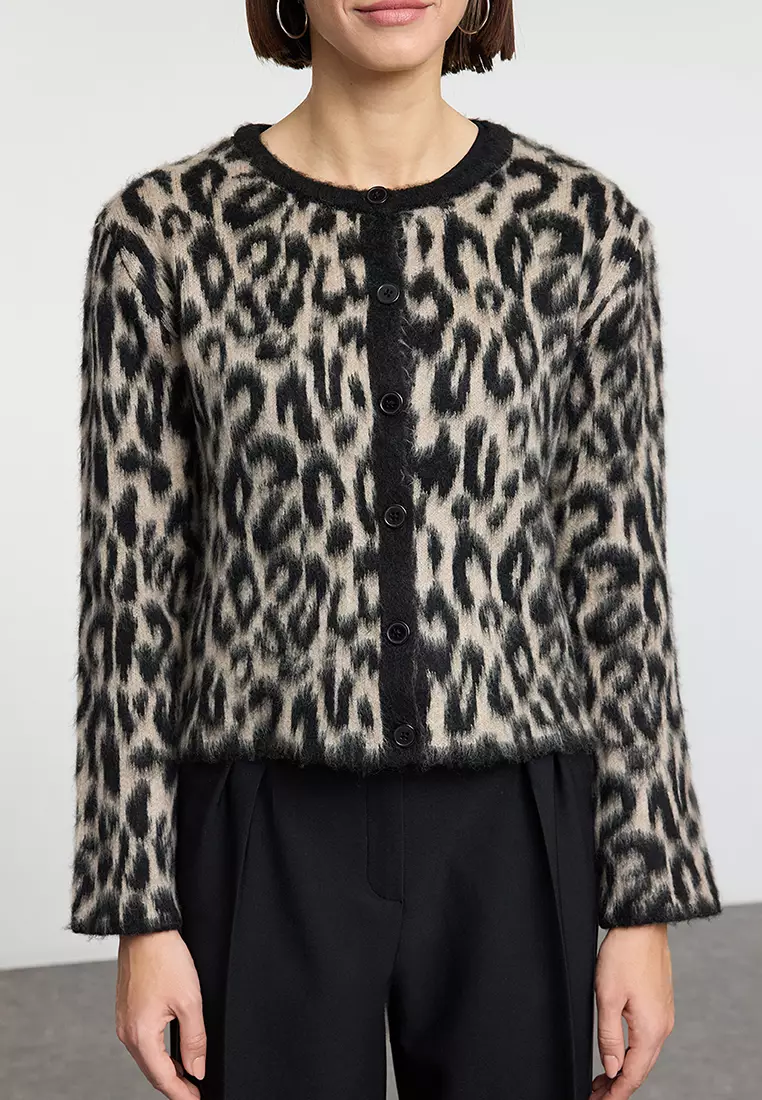 Brown Leopard Patterned Knitted Cardigan TWOAW25HI00378