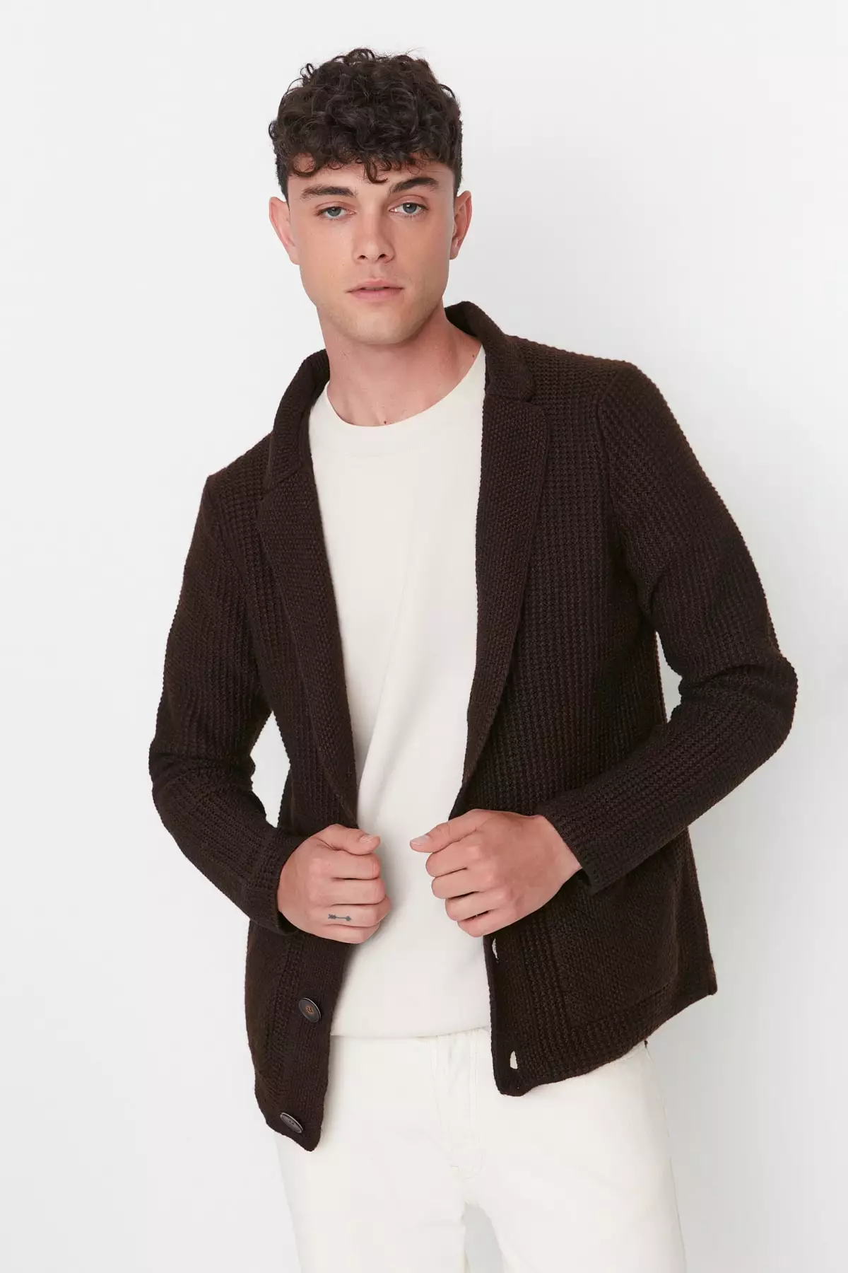 Brown Men s Slim Fit Jacket Collar Knitwear Cardigan With Pocket