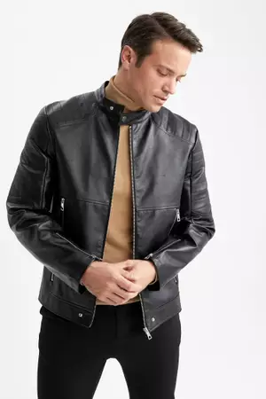 Slim fit faux leather jacket sales