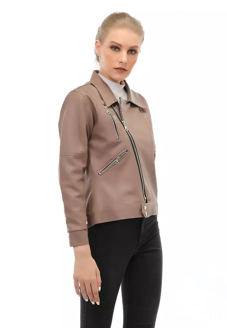 Glenice Jacket Outer Fashion Wanita Zipper Pocket Elegant Design Material Leather ORIGINAL - Mocca