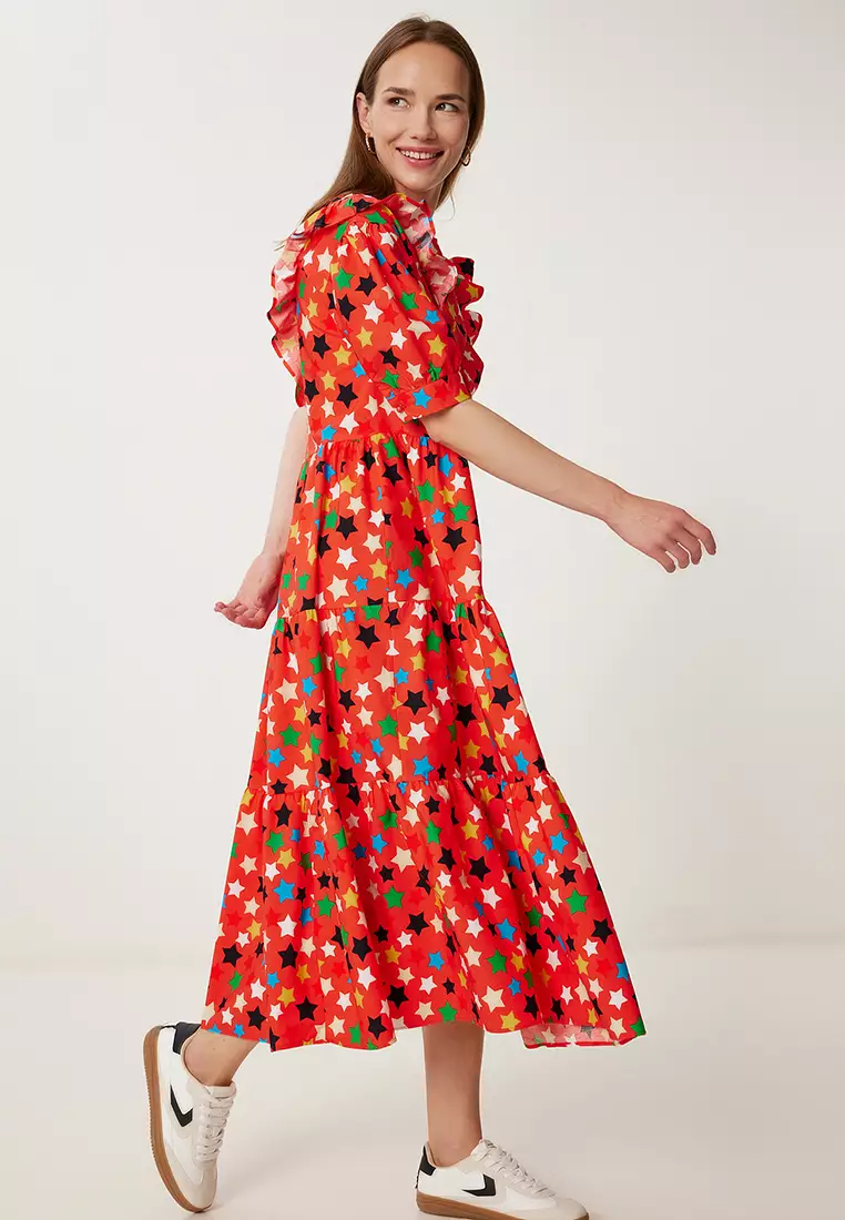 Women's Pomegranate Flower Patterned Summer Midi Poplin Dress Fk00032