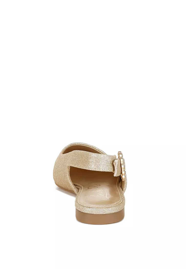 Sandal Datar Slingback Glitter Warna Emas