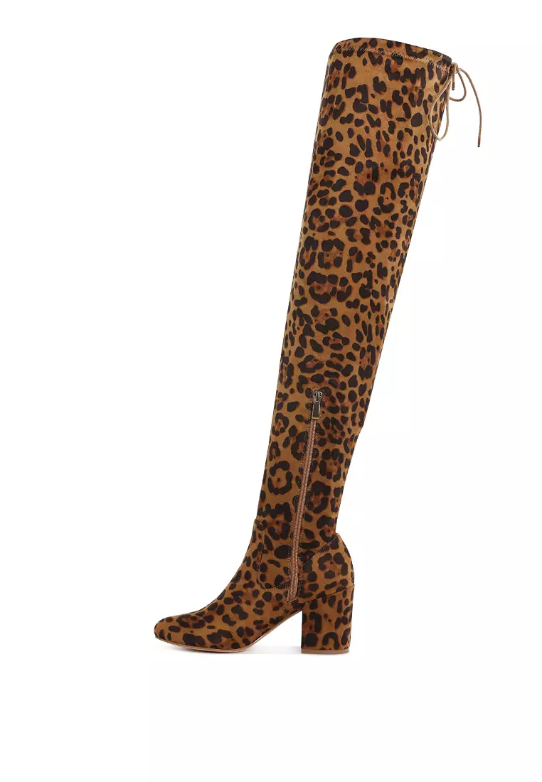 Minimal Drawstring Detail Knee-High Boots in Leopard