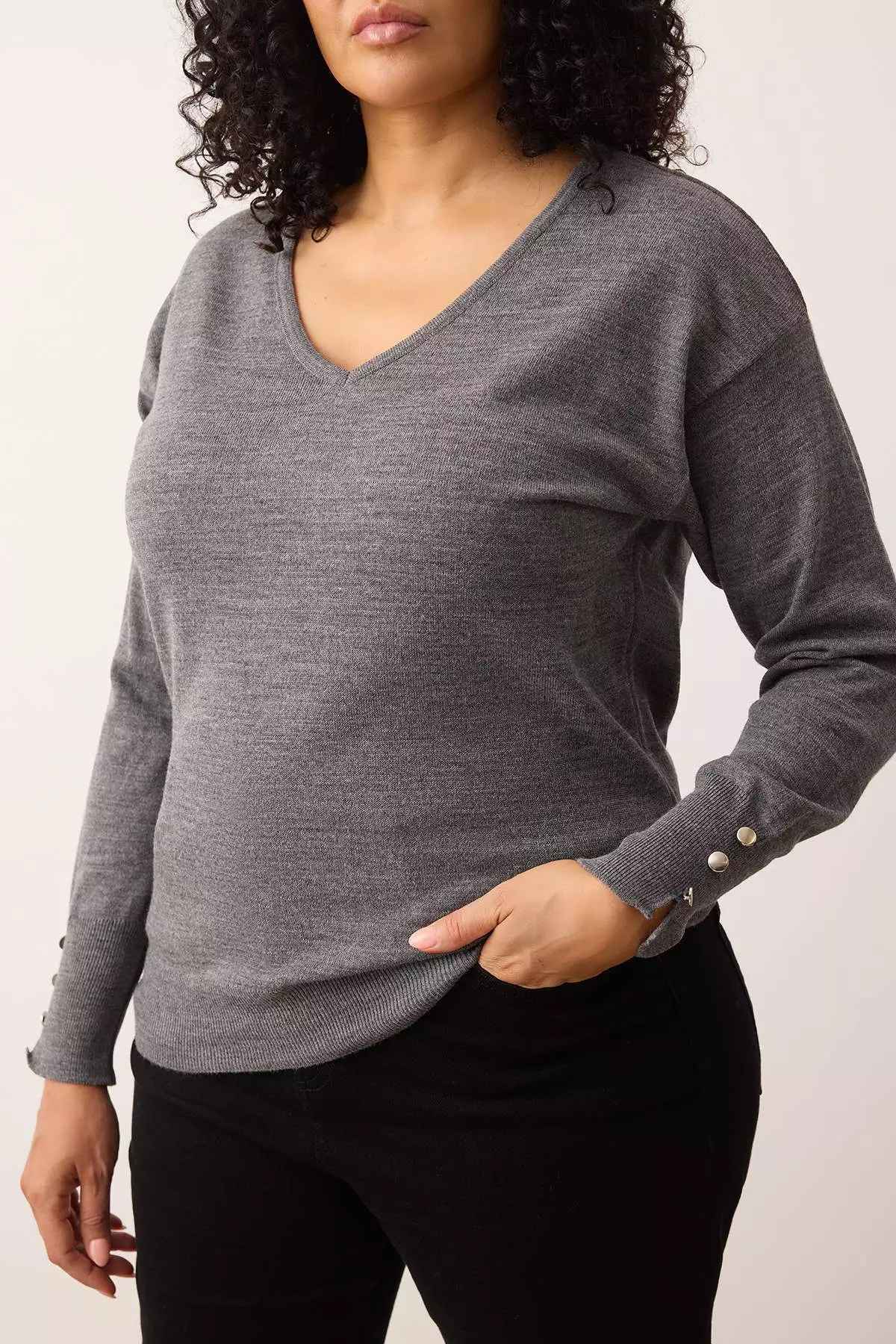 Anthracite V-Neck Button Detailed Knitwear Sweater Tbbaw23An00043