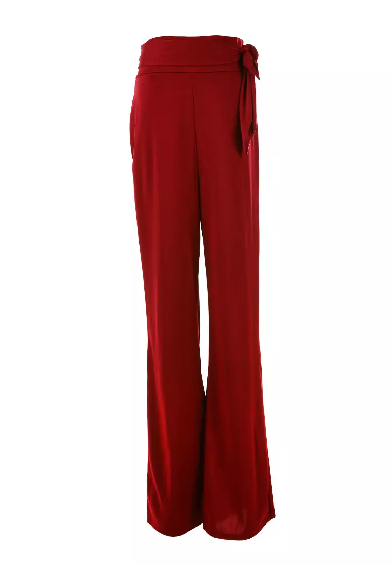 Celana Kaki Lebar Pinggang Tinggi dengan Warna Merah Anggur